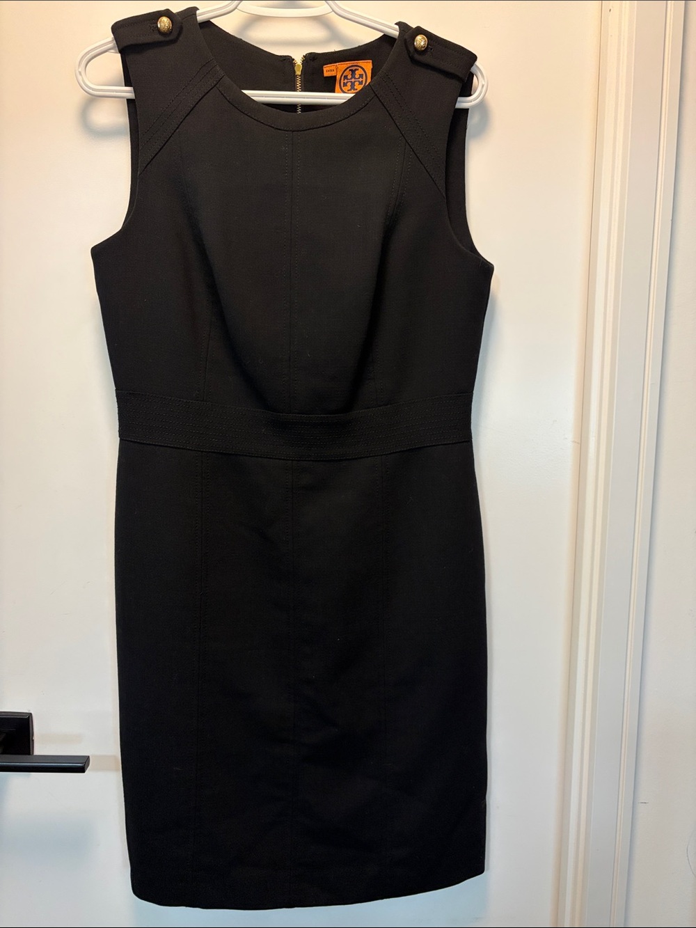 Tory Burch Black Sleeveless Midi Sheath Dress with Gold-Tone Buttons